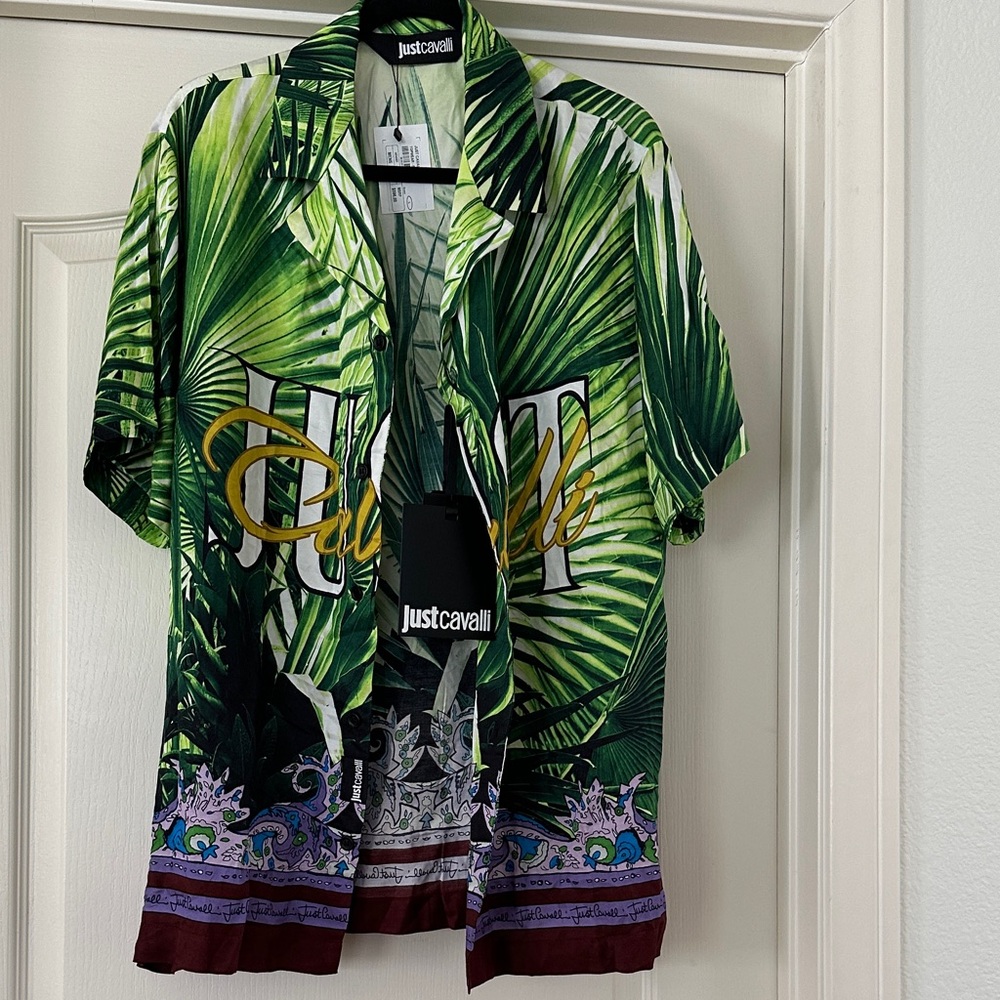 Just Cavalli Green Tropical Print Short Sleeve Button-Down Shirt